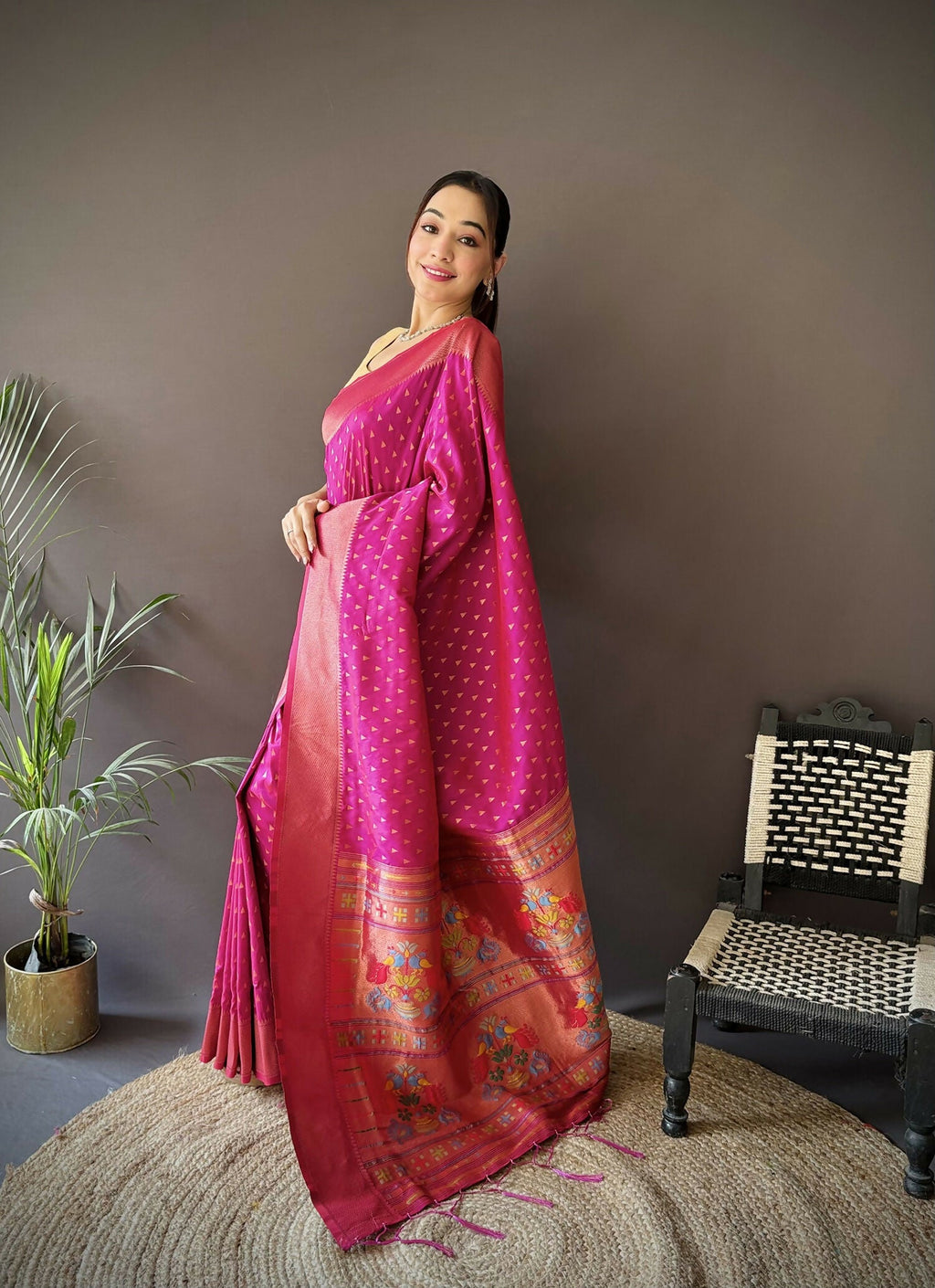 Rani Pink Jacquard Butti Soft Lichi Silk Paithani Saree