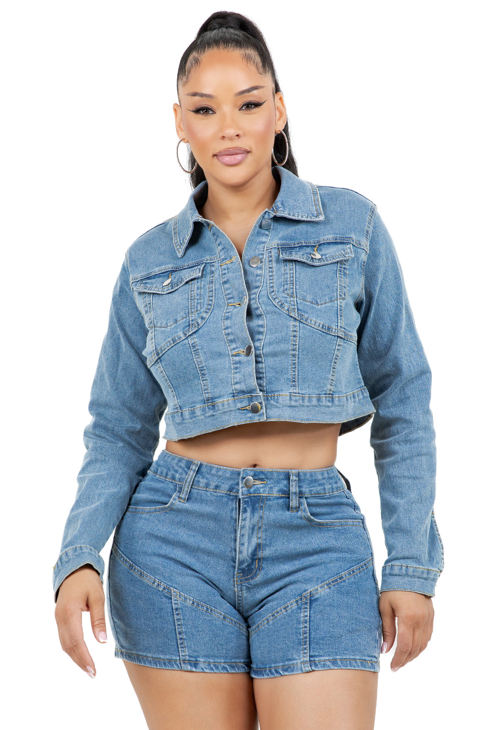 Women's Medium Blue Denim Jacket & Shorts Set 90s Streetwear