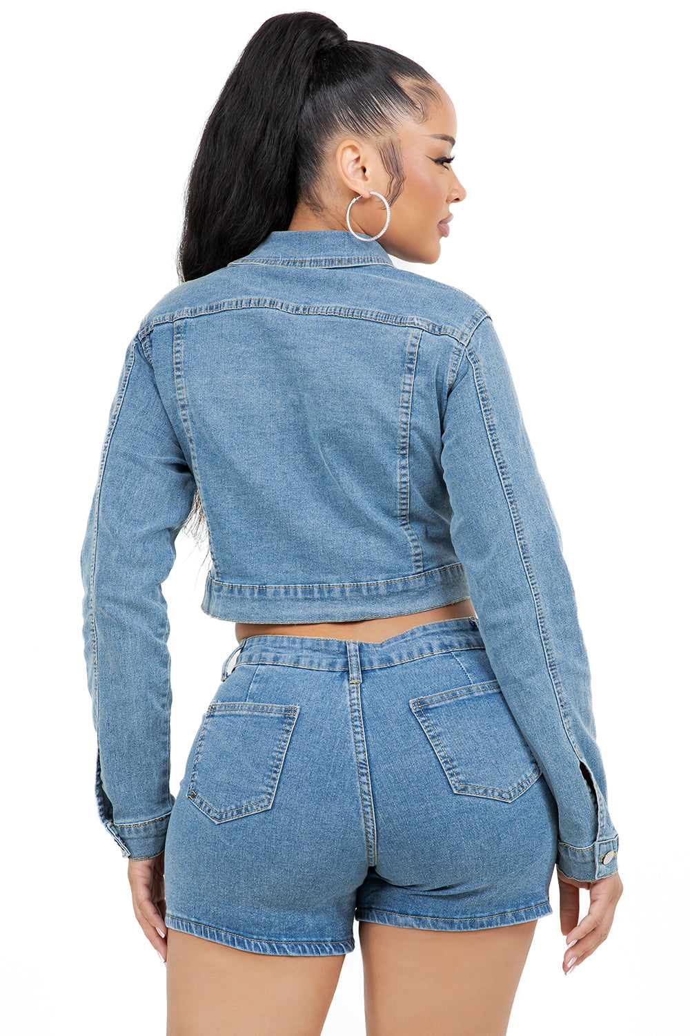 Women's Medium Blue Denim Jacket & Shorts Set 90s Streetwear