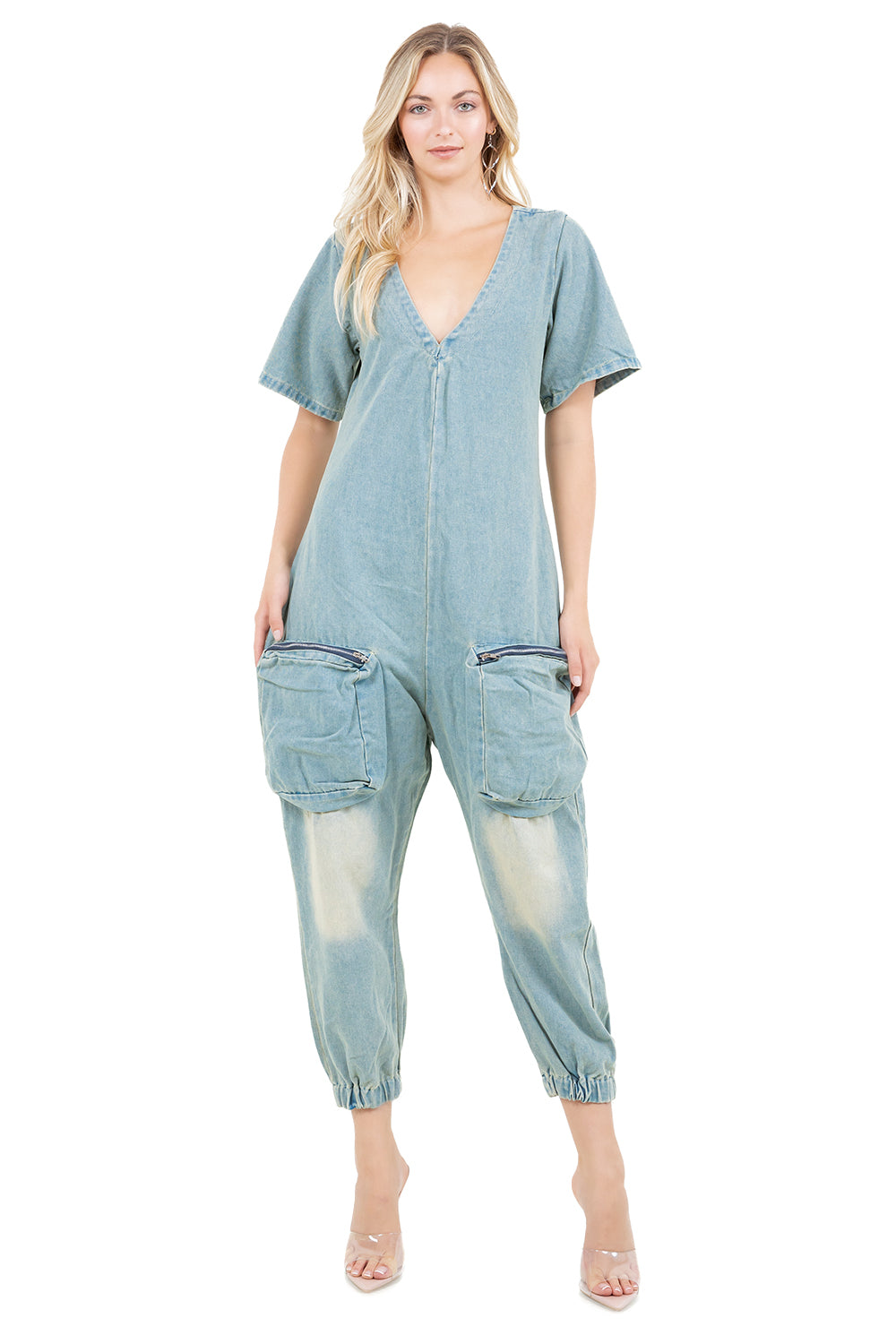 Women's Wide Leg Denim Jumpsuit Cargo Pockets