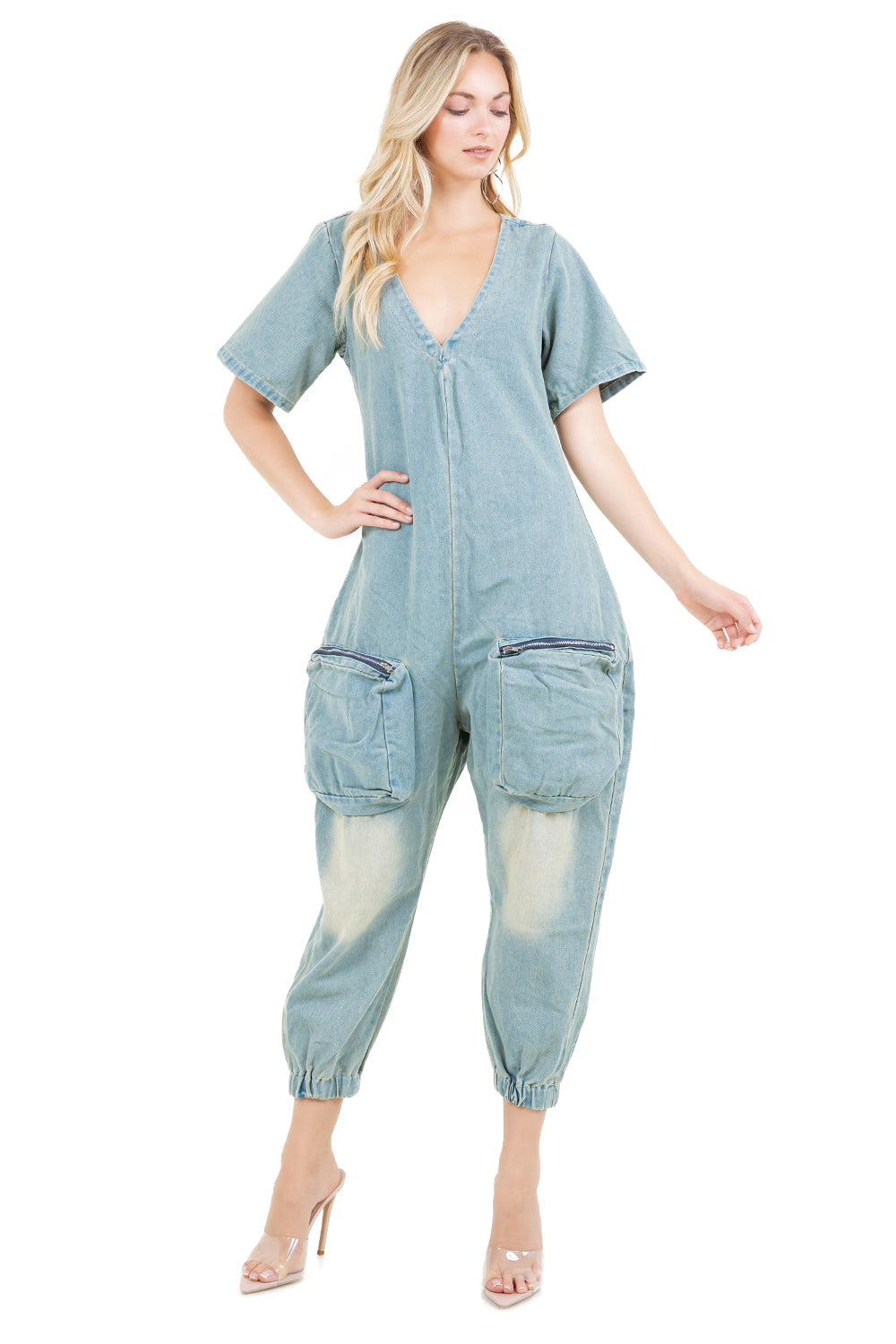 Women's Wide Leg Denim Jumpsuit Cargo Pockets