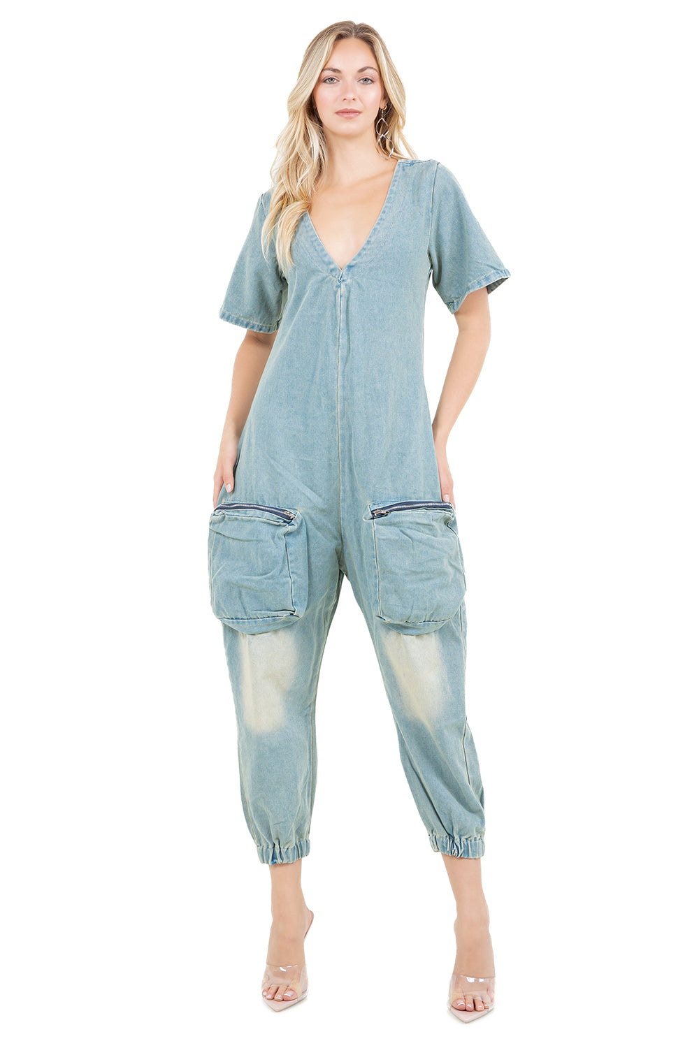 Women's Wide Leg Denim Jumpsuit Cargo Pockets