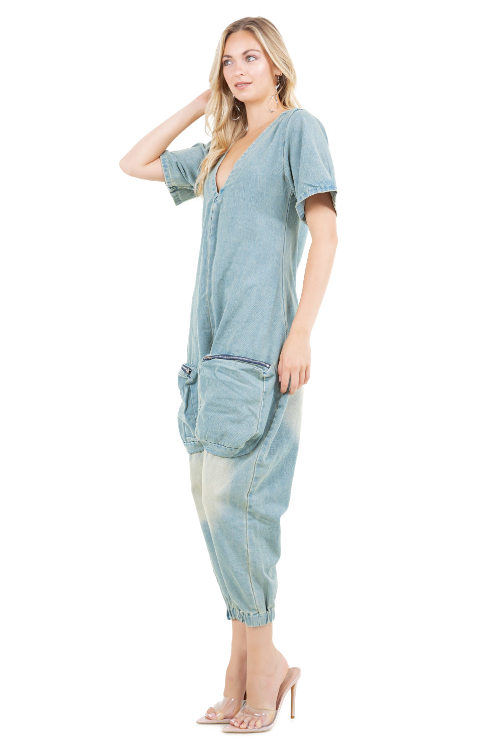 Women's Wide Leg Denim Jumpsuit Cargo Pockets