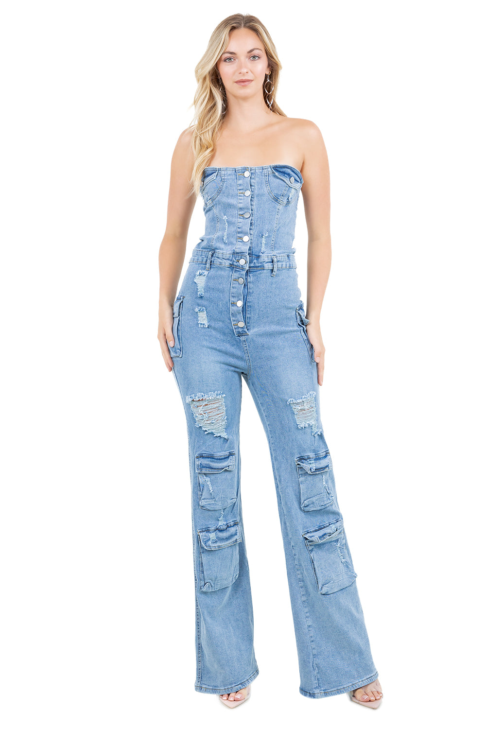 Model wearing a stylish blue denim jumpsuit featuring a tailored fit and utility-inspired details.
