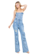 Women's Light Blue Denim Jumpsuit Strapless Button-Up