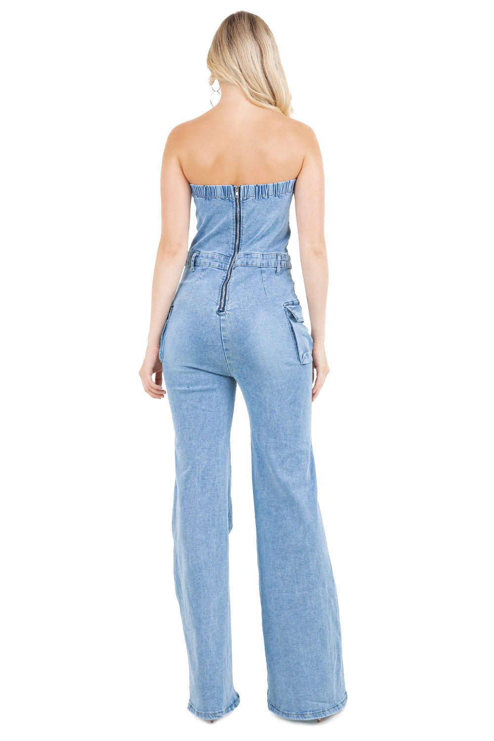 Women's Light Blue Denim Jumpsuit Strapless Button-Up