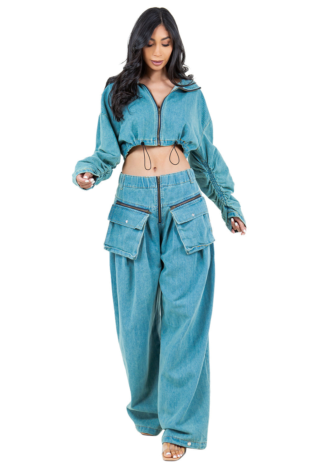 Women's Denim Two Piece Pant Set - Stylish Casual Matching Outfit