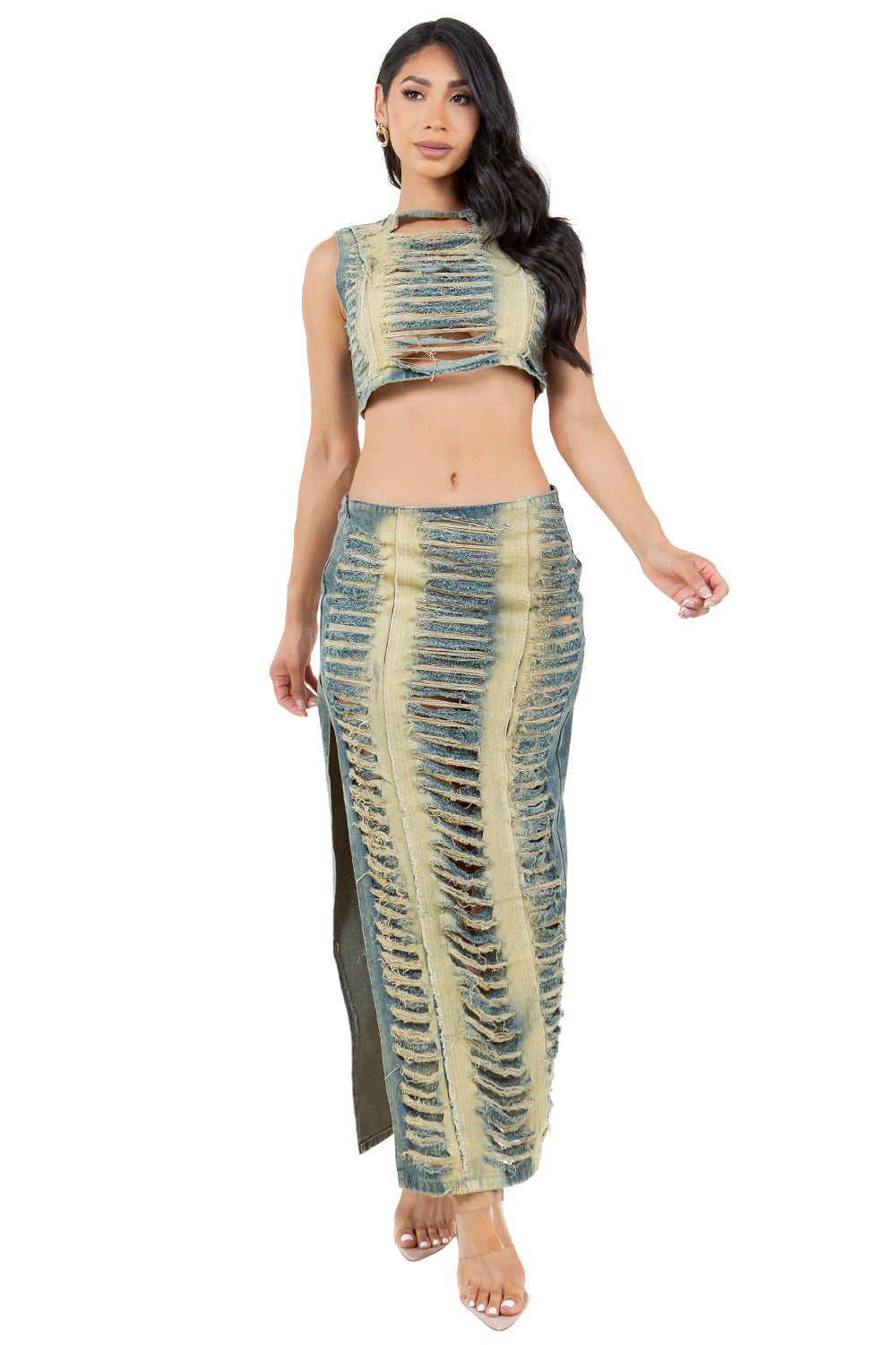 Women's Denim Two-Piece Set Crop Top and Maxi Skirt Co-ord
