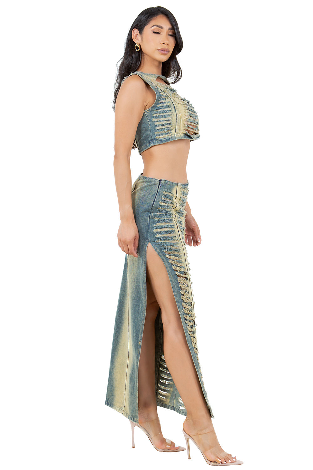 Women's Denim Two-Piece Set Crop Top and Maxi Skirt Co-ord