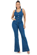 Women's Medium Blue Denim Jumpsuit Wide Leg Scoop Neck