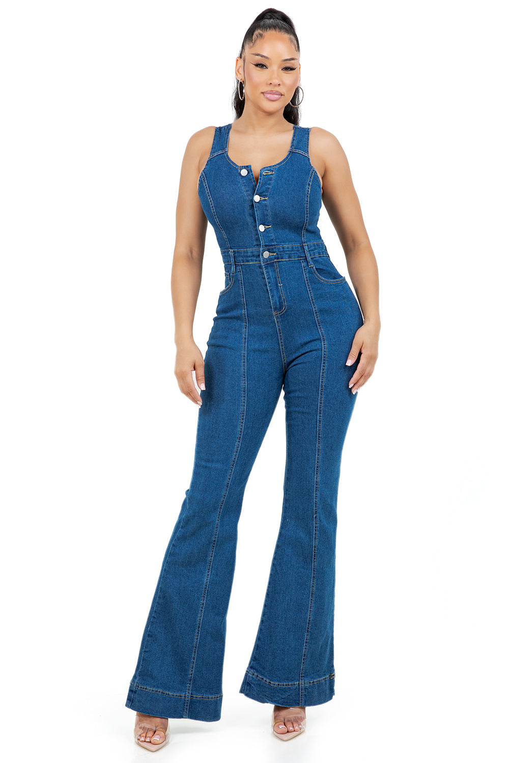 Women's Medium Blue Denim Jumpsuit Wide Leg Scoop Neck