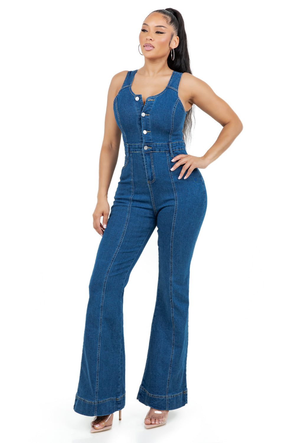 Women's Medium Blue Denim Jumpsuit Wide Leg Scoop Neck