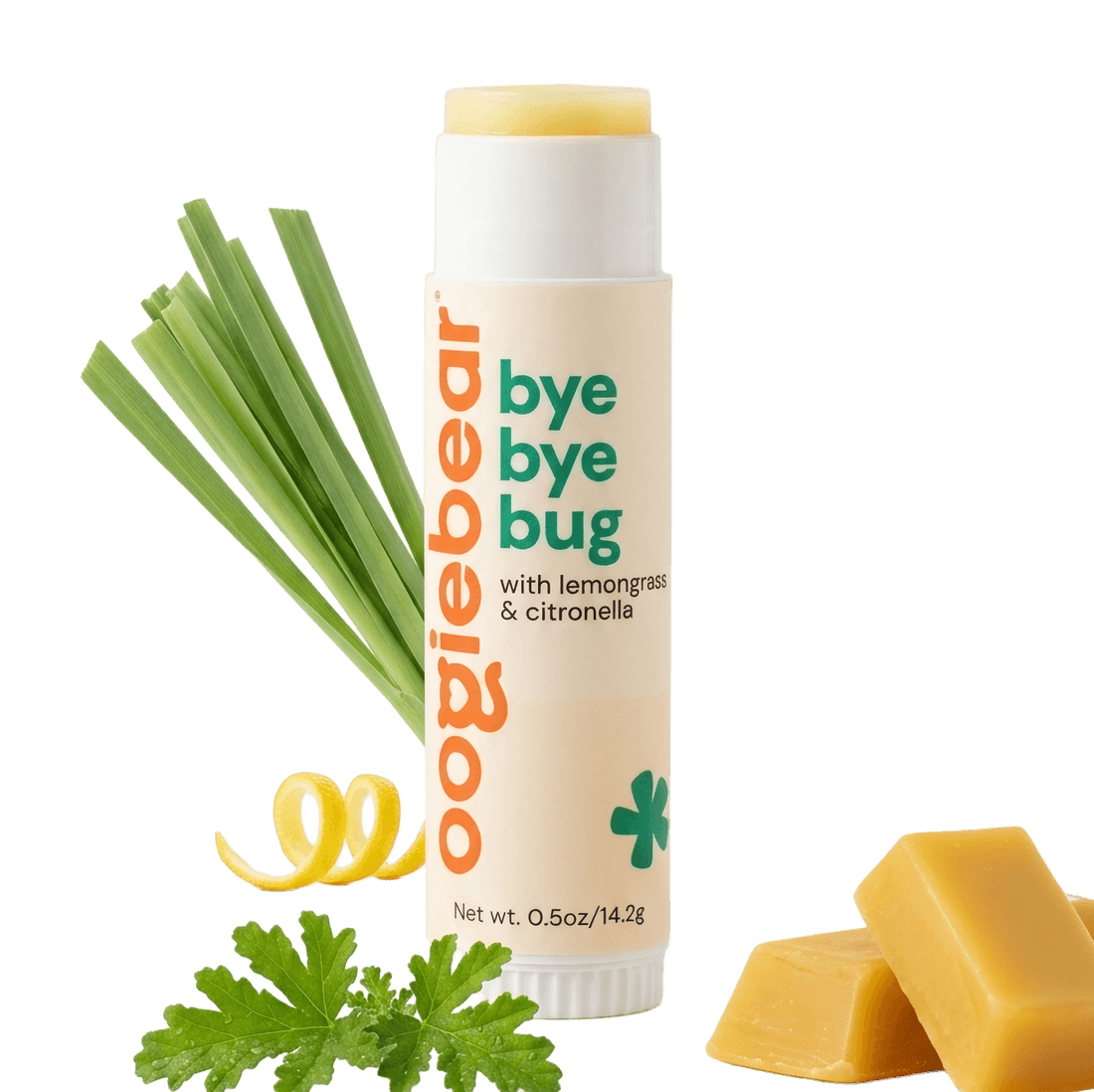 oogiebear bug away balm stick with orange and green packaging on a neutral background