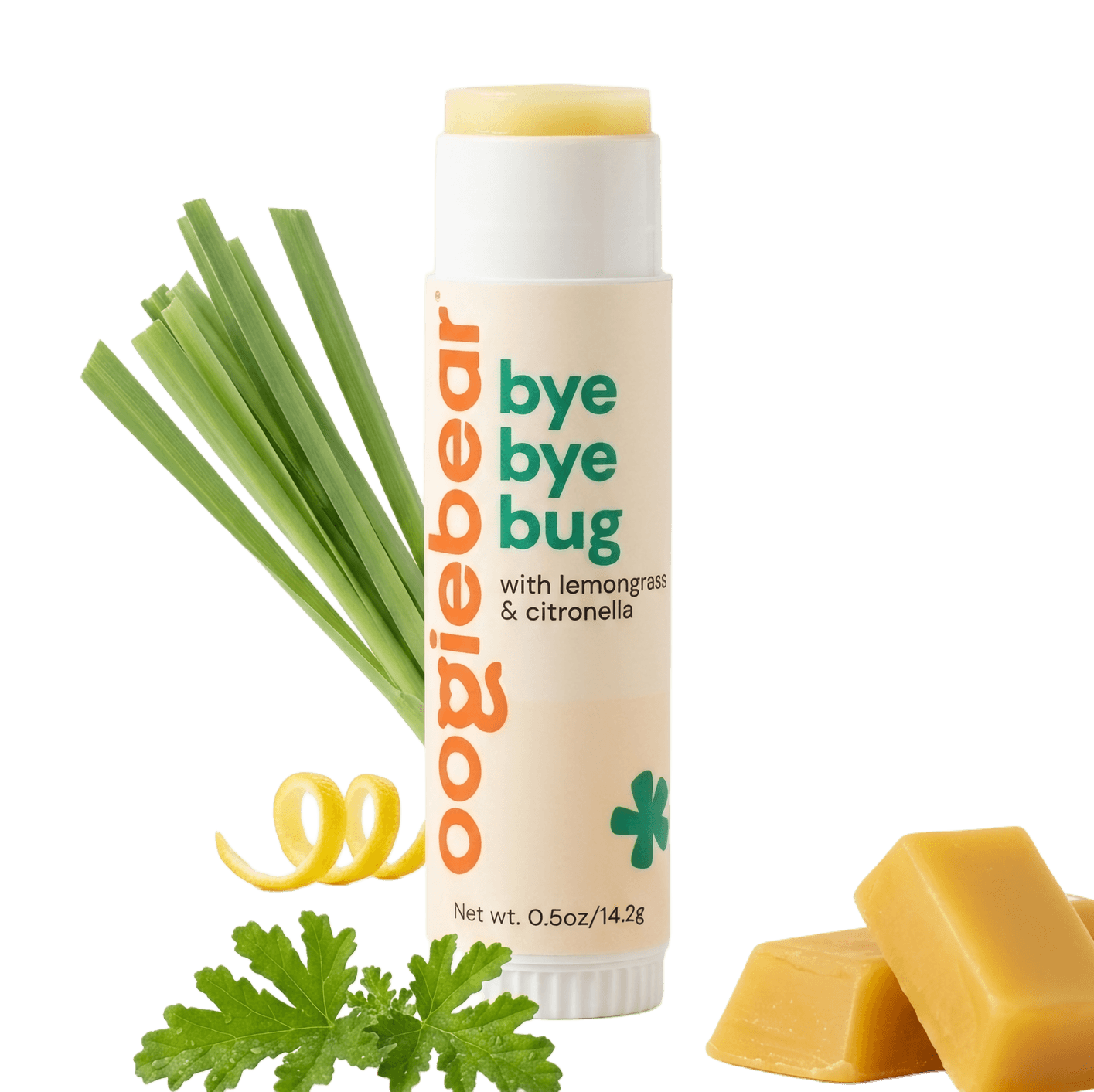 oogiebear bug away balm stick with orange and green packaging on a neutral background