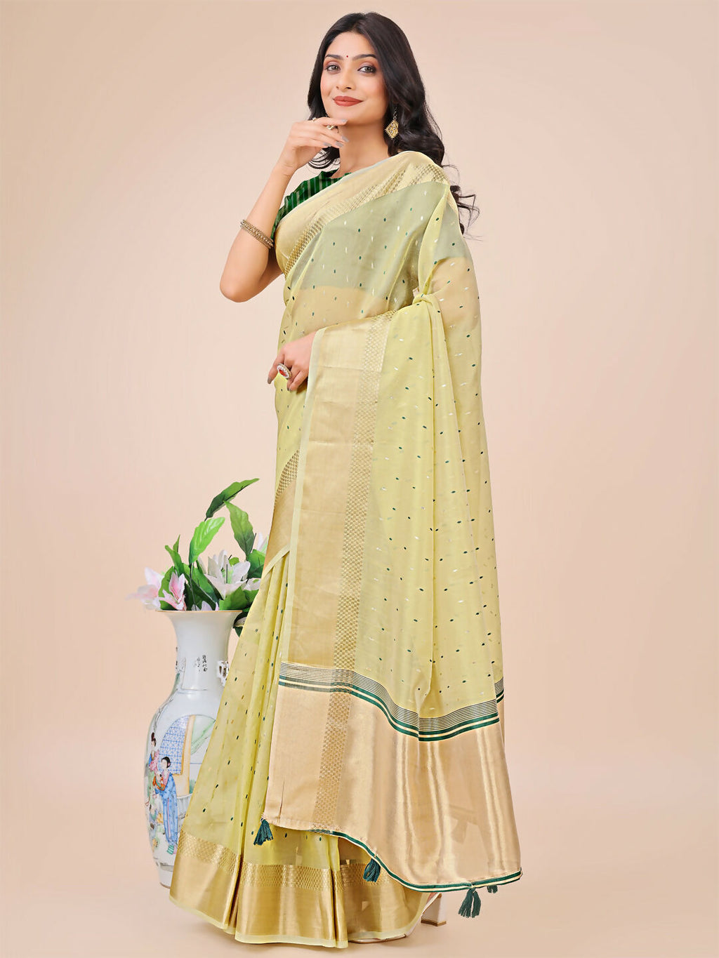 Light Green Organza Saree with Matching Blouse Piece