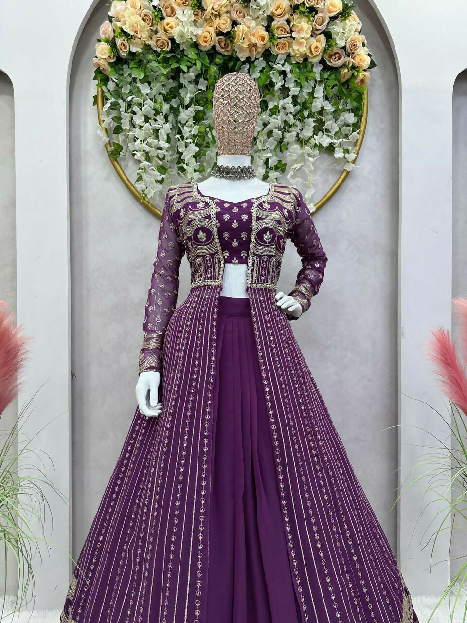 Wine Faux Georgette Sequins Embroidered Lehenga Choli with Shrug