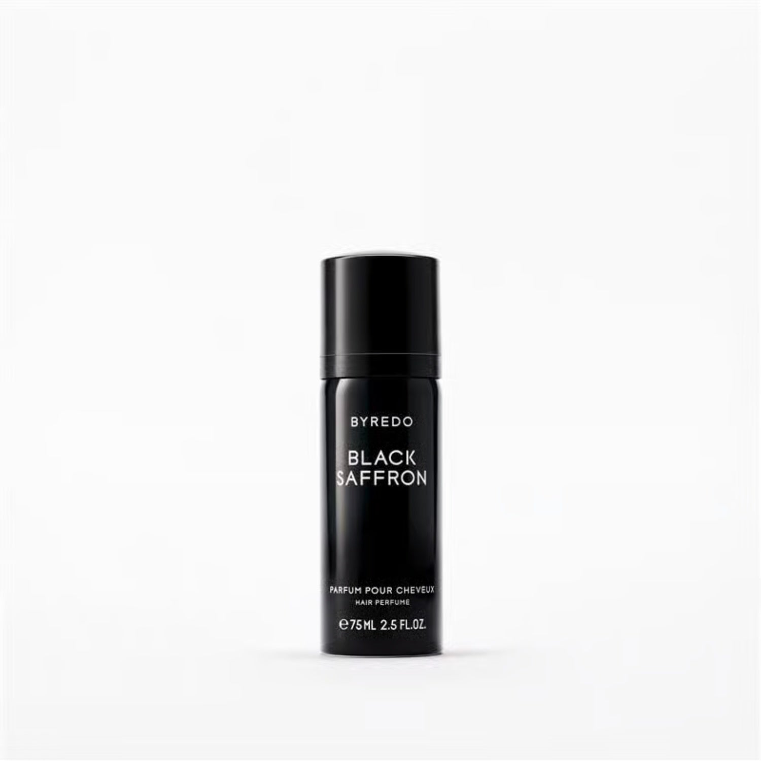 Bottle of Byredo Black Saffron Hair Perfume 75 mL on a minimalist background