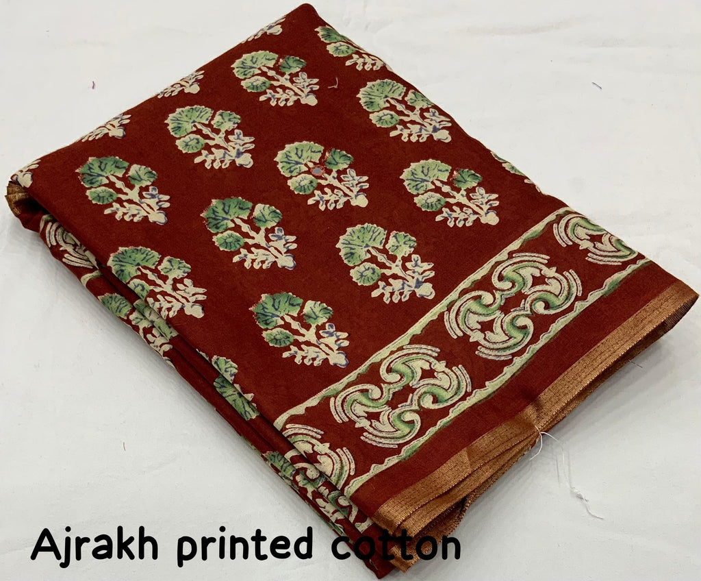 Red Cotton Blend Ajrak Saree with Unstitched Blouse Piece