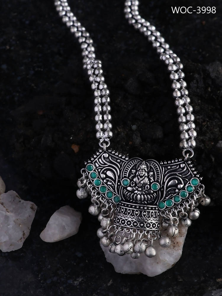 Laxmi Mata Oxidised Silver Long Necklace with Green Stone Accents