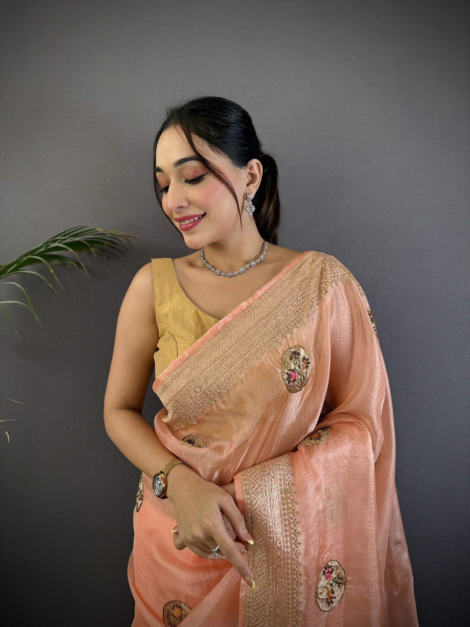 Peach Handloom Banarasi Organza Silk Khatali Butta Saree