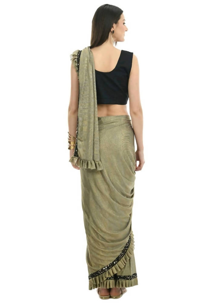 Olive Green and Black Ruffled Ready-to-Wear Saree with Blouse