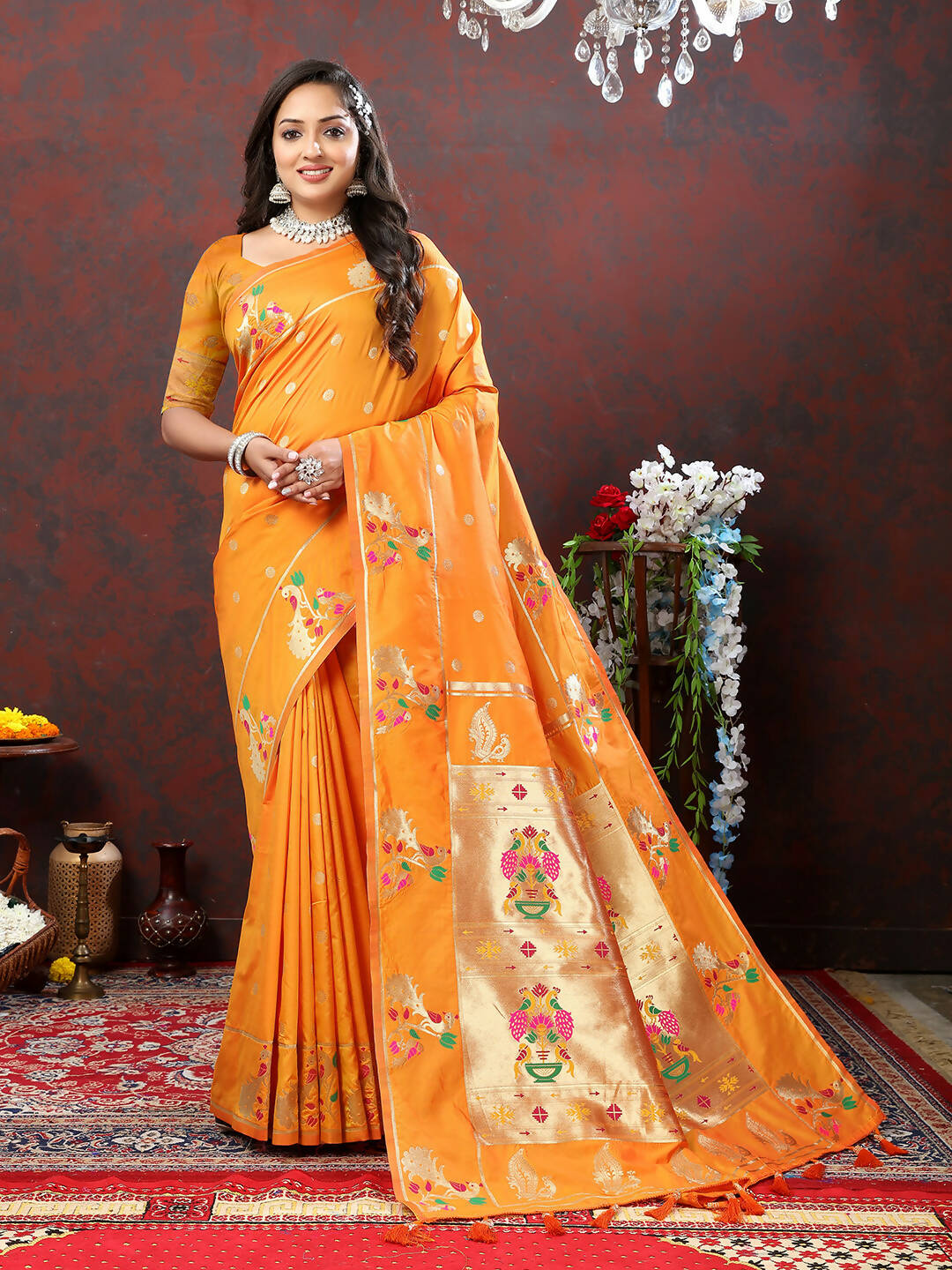 Orange Soft Paithani Silk Saree with Gold Zari Meenakari