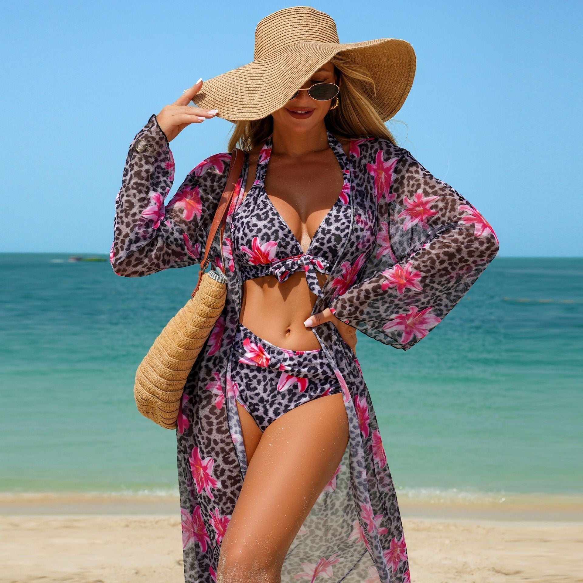 Women's 3-Piece Printed Bikini Set with Long Sleeve Cover-Up