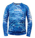 Youth blue long sleeve UV performance fishing shirt featuring a fish pattern design.