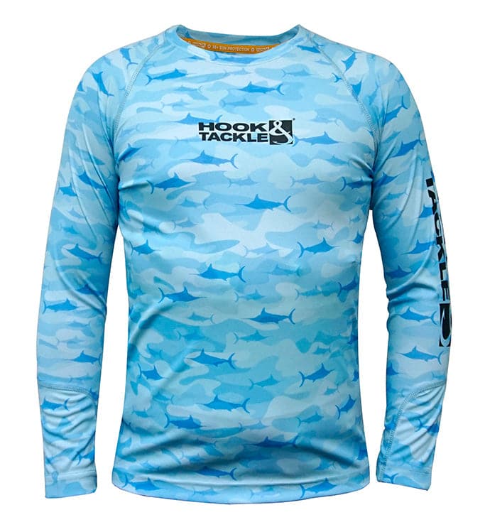 Youth long sleeve blue camo fishing shirt with billfish graphic pattern and Hook & Tackle logo
