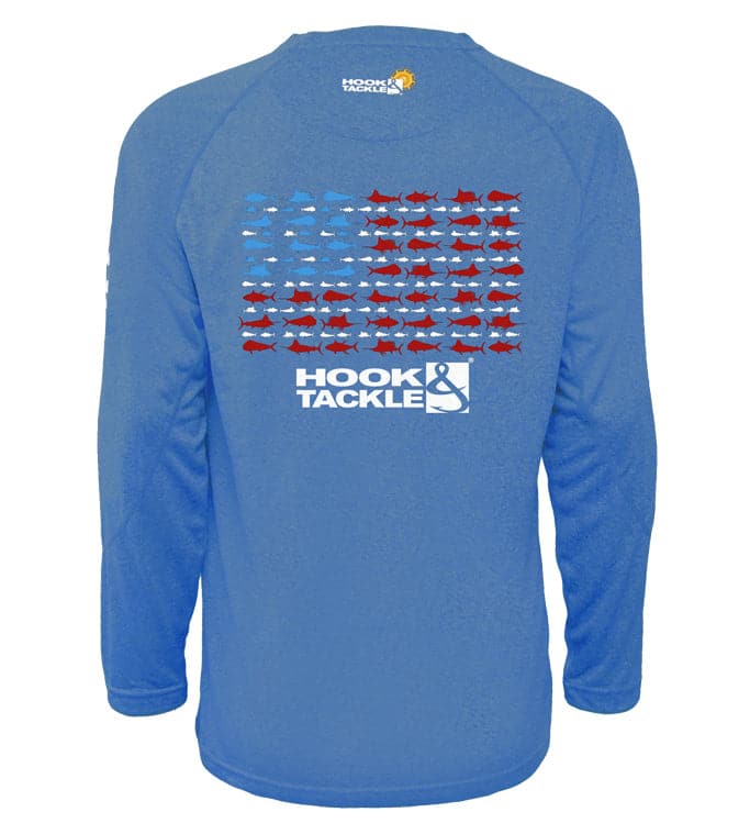 Back view of a blue youth long sleeve fishing shirt featuring a red, white, and blue American flag pattern made of fish graphics.