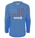 Back view of a blue youth long sleeve fishing shirt featuring a red, white, and blue American flag pattern made of fish graphics.