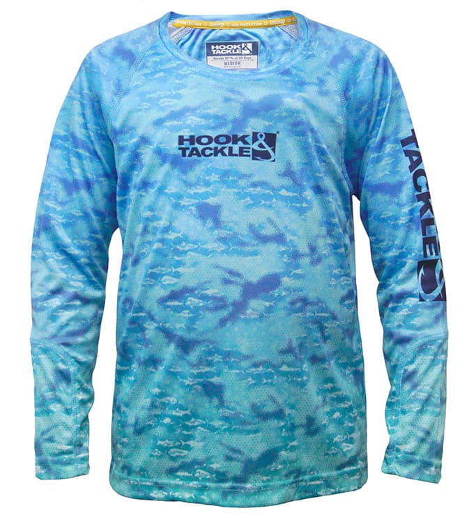 Youth long sleeve fishing shirt in a blue fish fractal pattern with performance moisture-wicking fabric.
