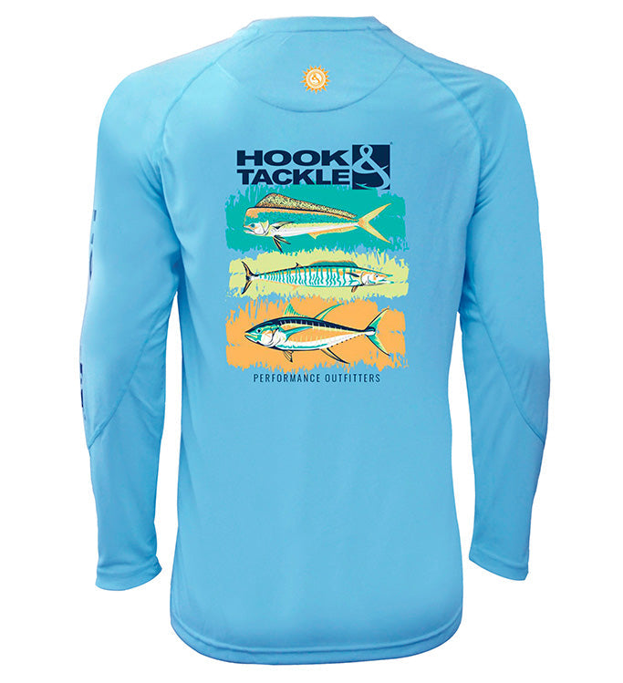 Youth long sleeve blue fishing shirt featuring a fish graphic on the back