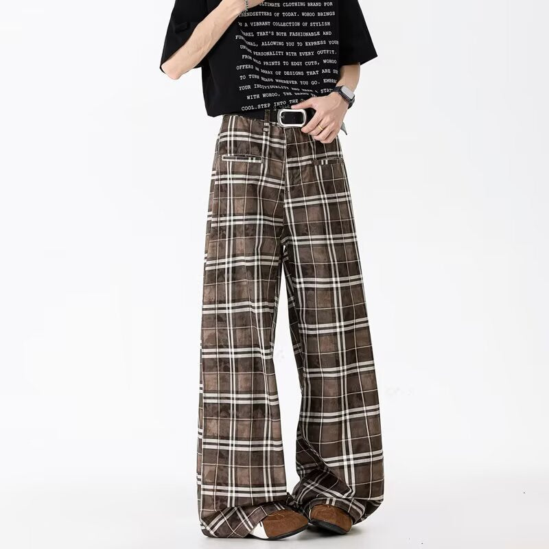 Wide Leg Plaid Casual Pants in Chestnut Brown and Gray - Image 3