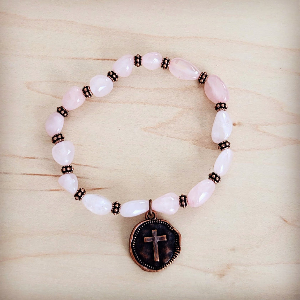Rose Quartz Beaded Stretch Bracelet with Copper Cross Charm - Image 2