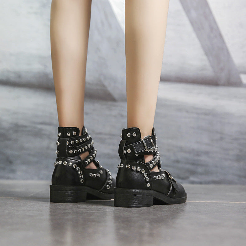 Women's Black Studded Rivet Buckle Ankle Boots for Edgy Style