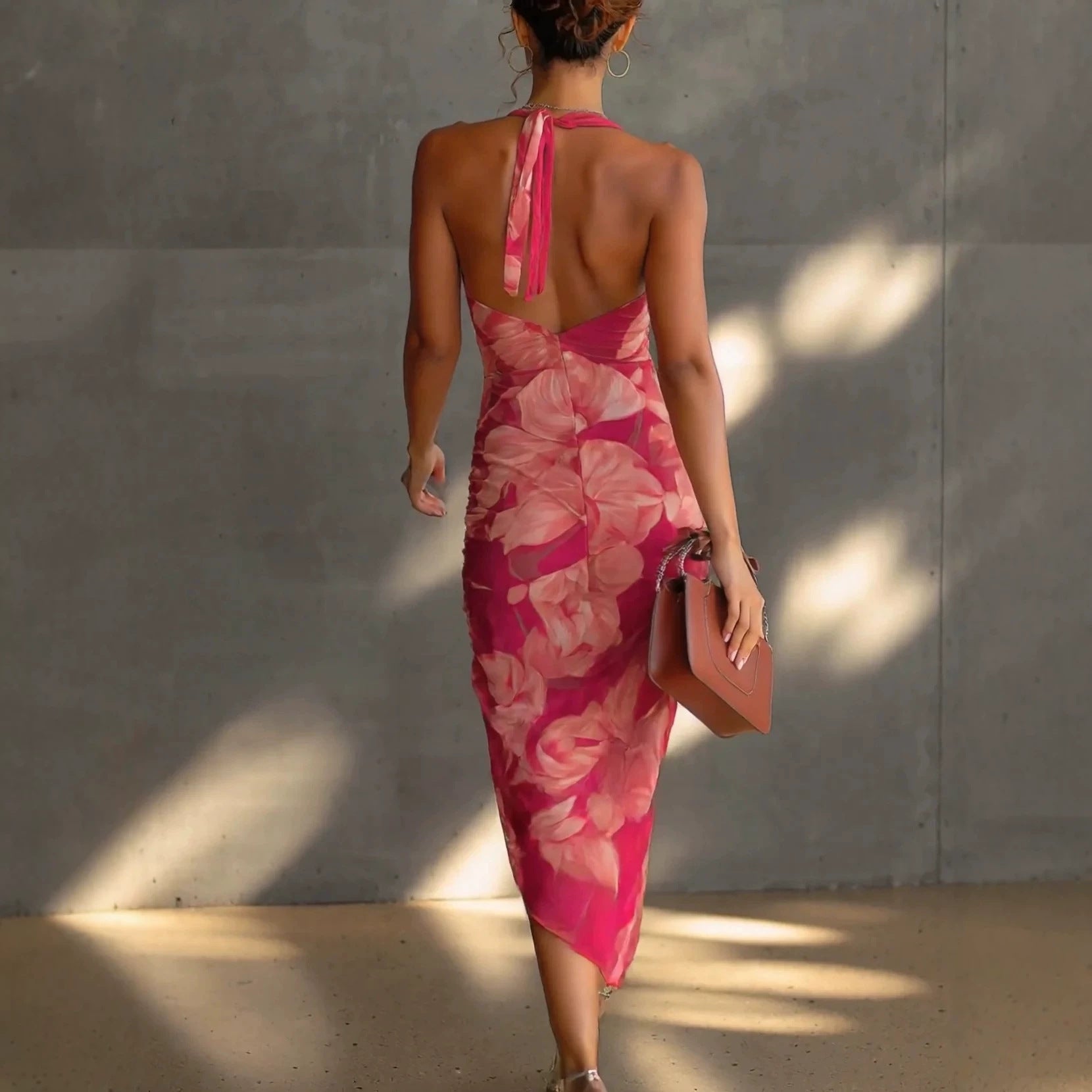 Carmine Red Backless Halter Maxi Dress Satin Floral Slip