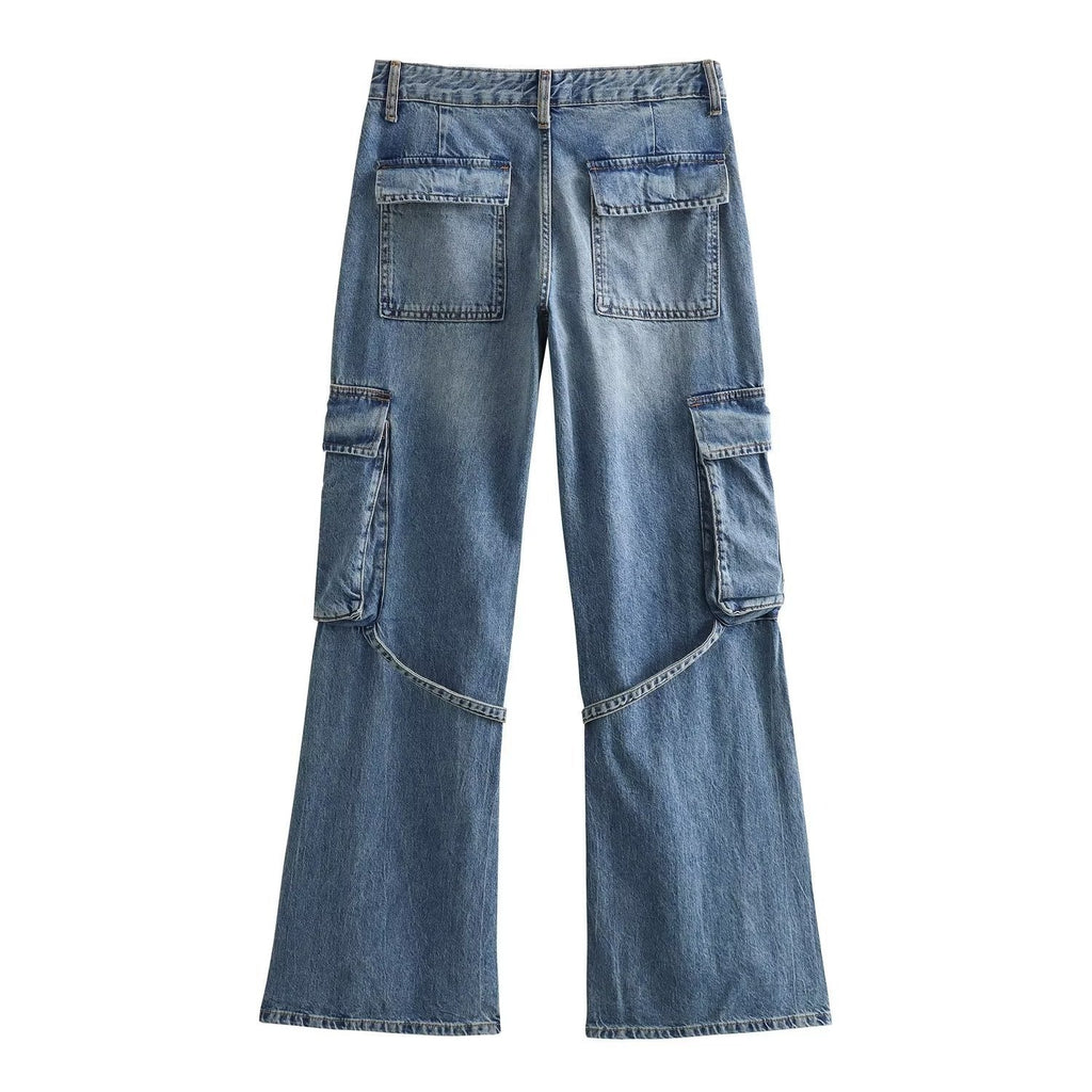 Y2K High Waist Wide Leg Denim Cargo Pants - Blue & Grey - Image 5