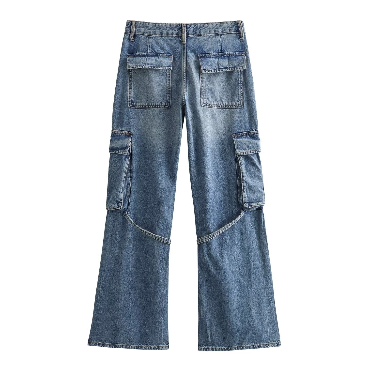 Y2K High Waist Wide Leg Denim Cargo Pants - Blue & Grey - Image 5