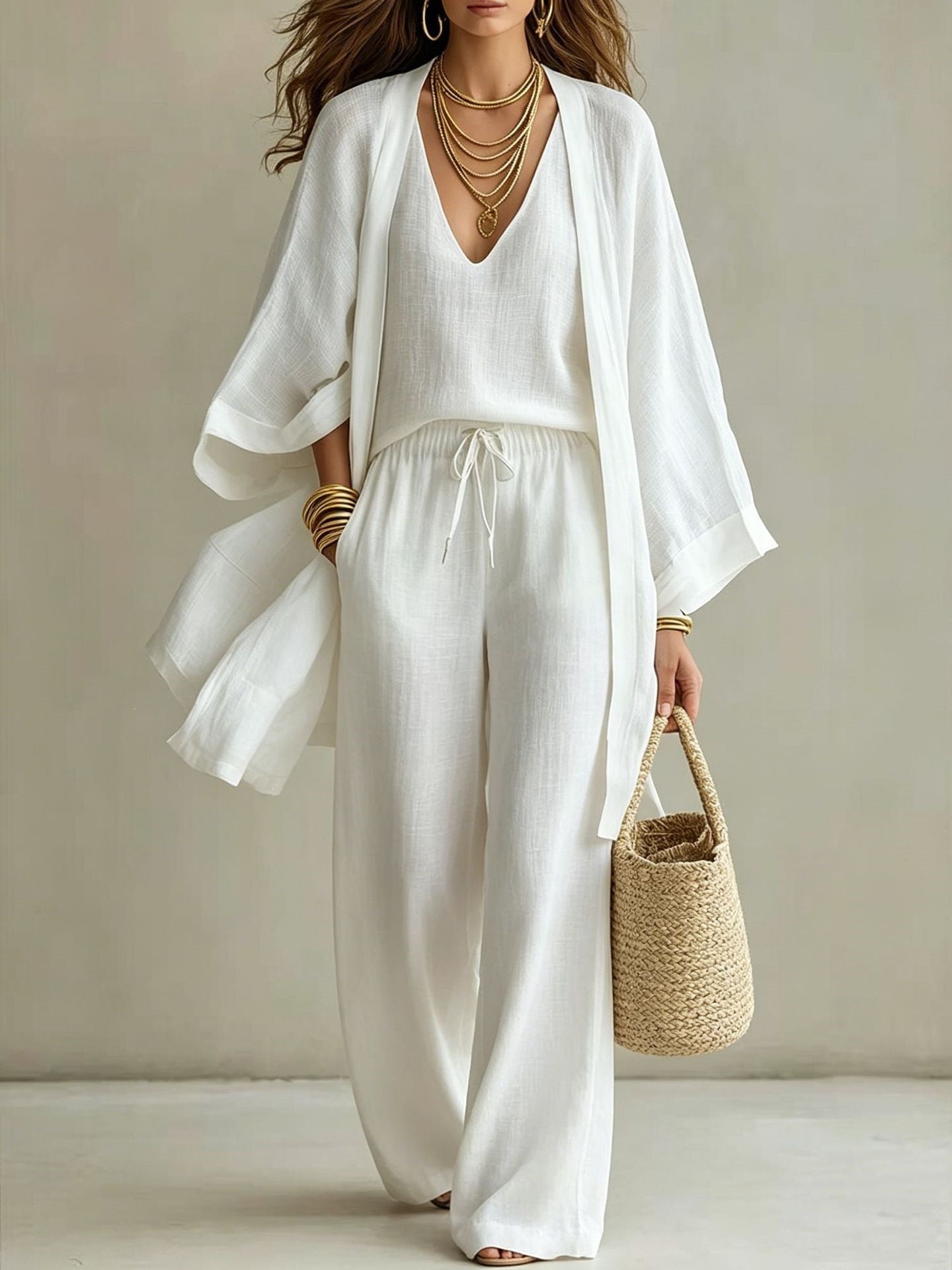 Women's 3-Piece Linen Loungewear Set: Cardigan, Vest & Wide-Leg Pants