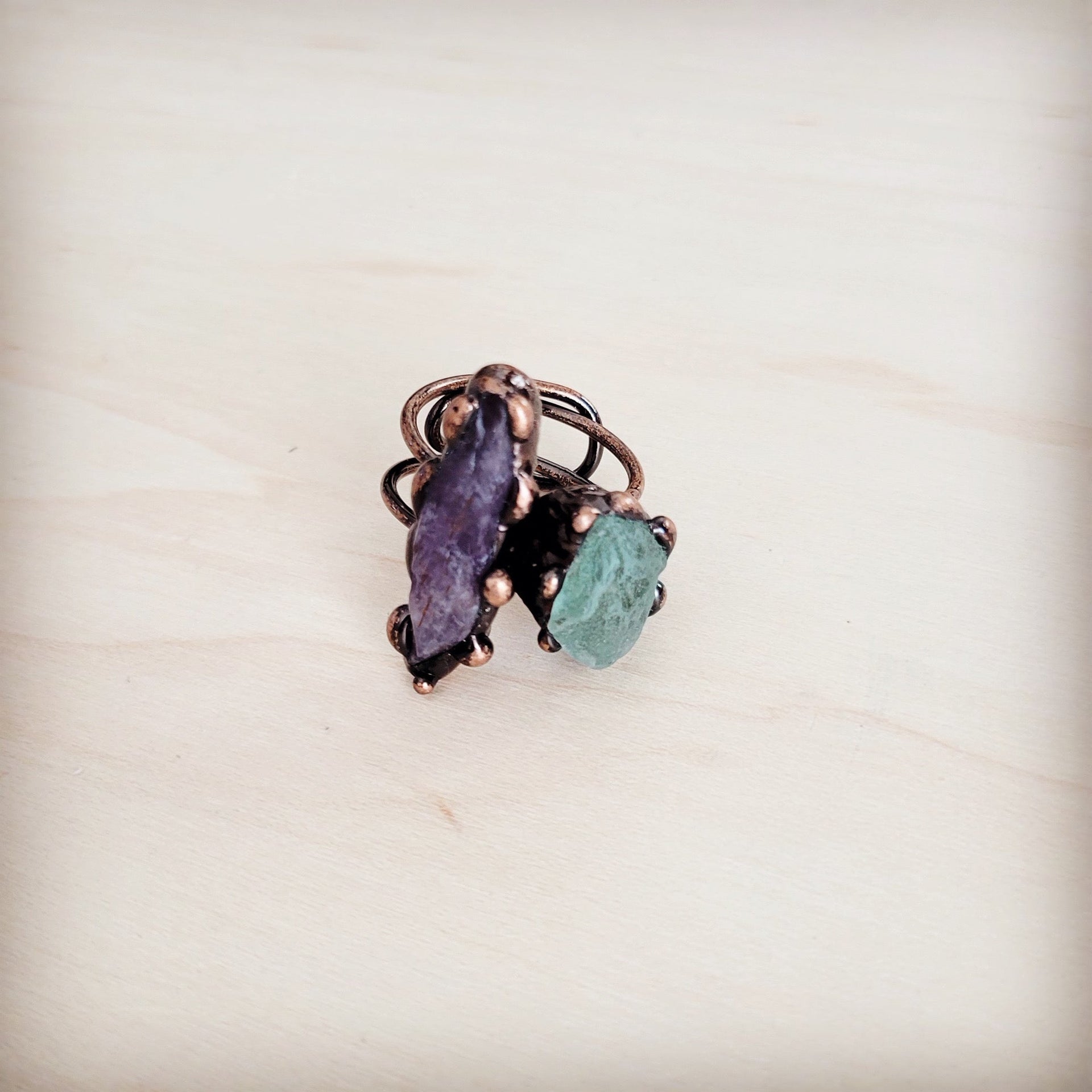 Genuine Amethyst and Quartz Ring in a Copper Setting 012a