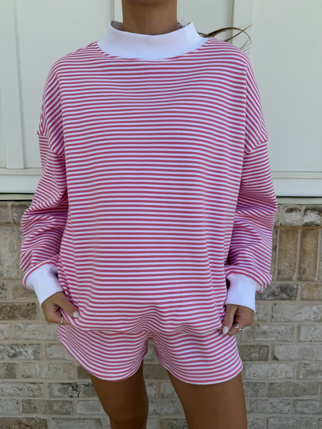 Dark Pink and White Big Striped Mockneck Sweatshirt Unisex