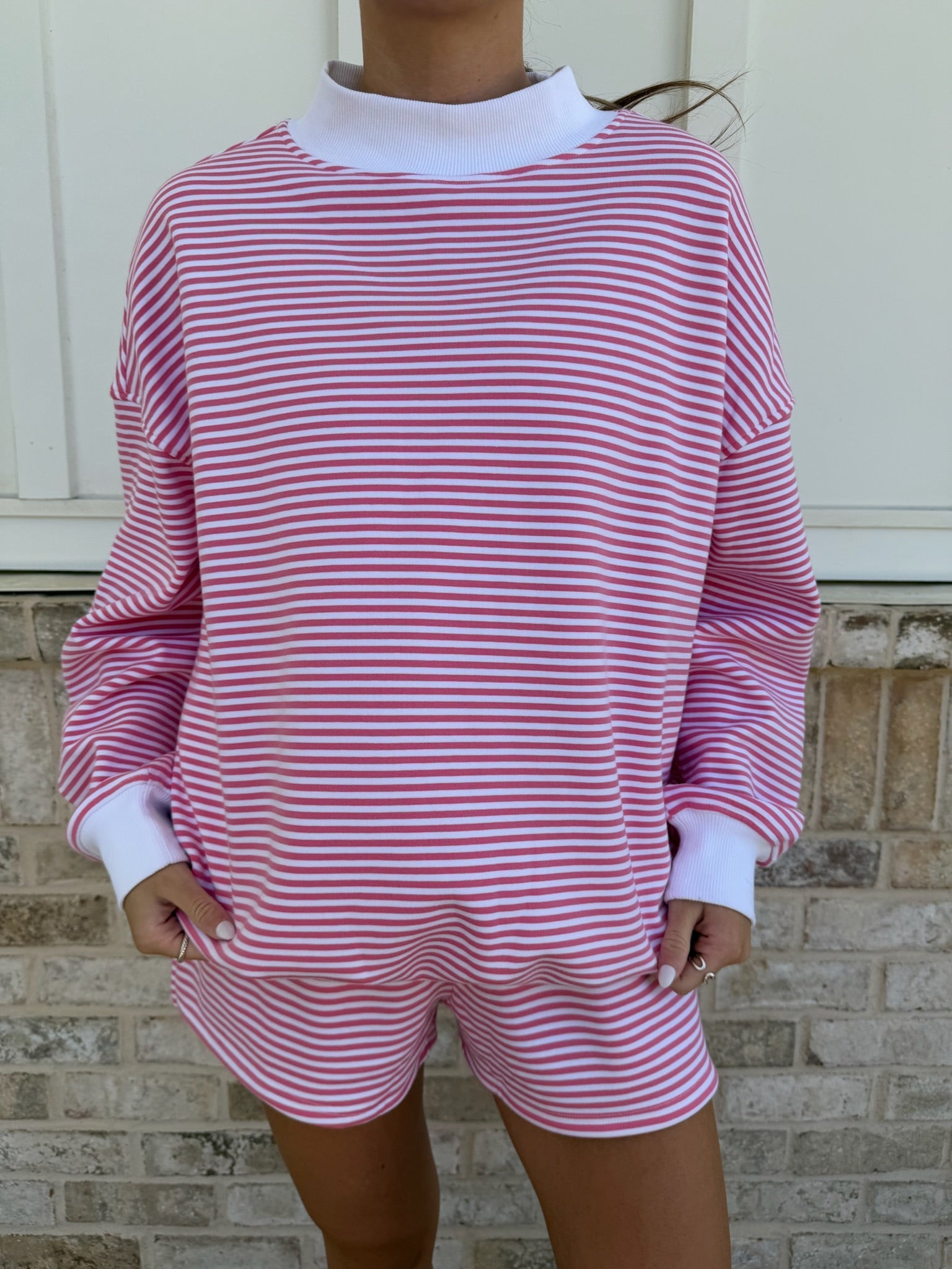 Dark Pink and White Big Striped Mockneck Sweatshirt Unisex