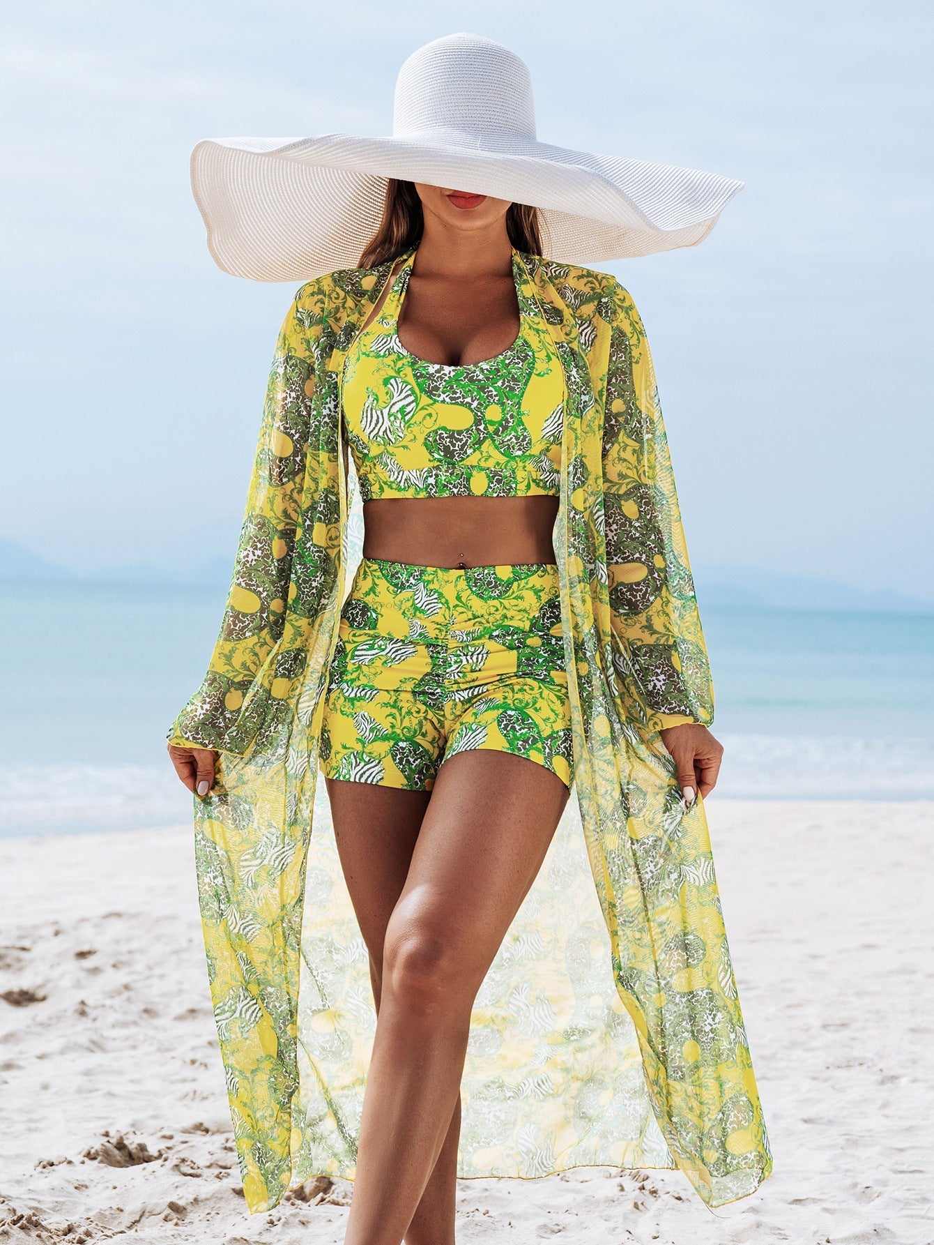 Multi-Color Print Padded Three-Piece Bikini Set for Women