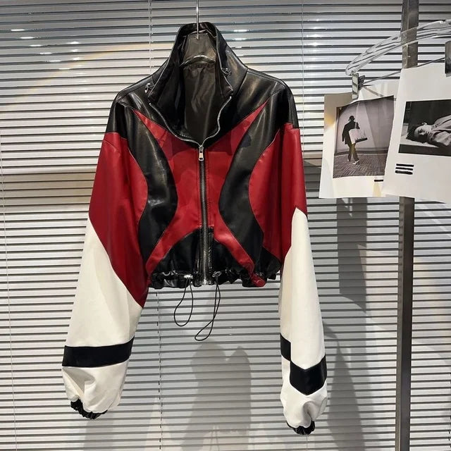 Women's Harajuku Contrast Patchwork Leather Motorcycle Jacket - Image 6