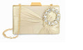 Luxurious golden satin evening clutch with a detachable gold chain strap.