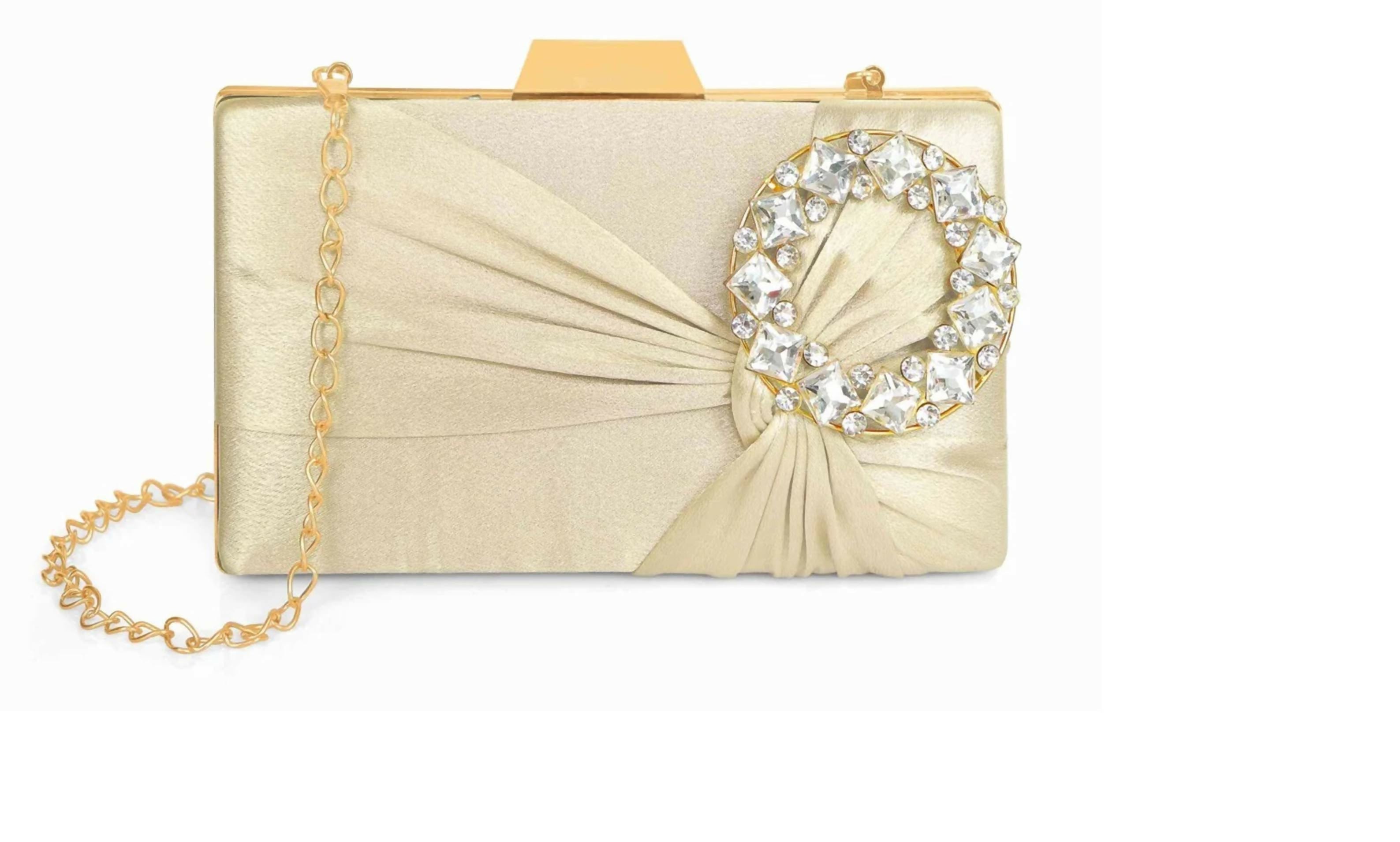 Luxurious golden satin evening clutch with a detachable gold chain strap.