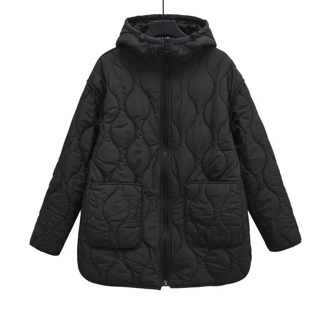 Women's Harajuku Style Quilted Hooded Jacket - Black, White, Blue - Image 8