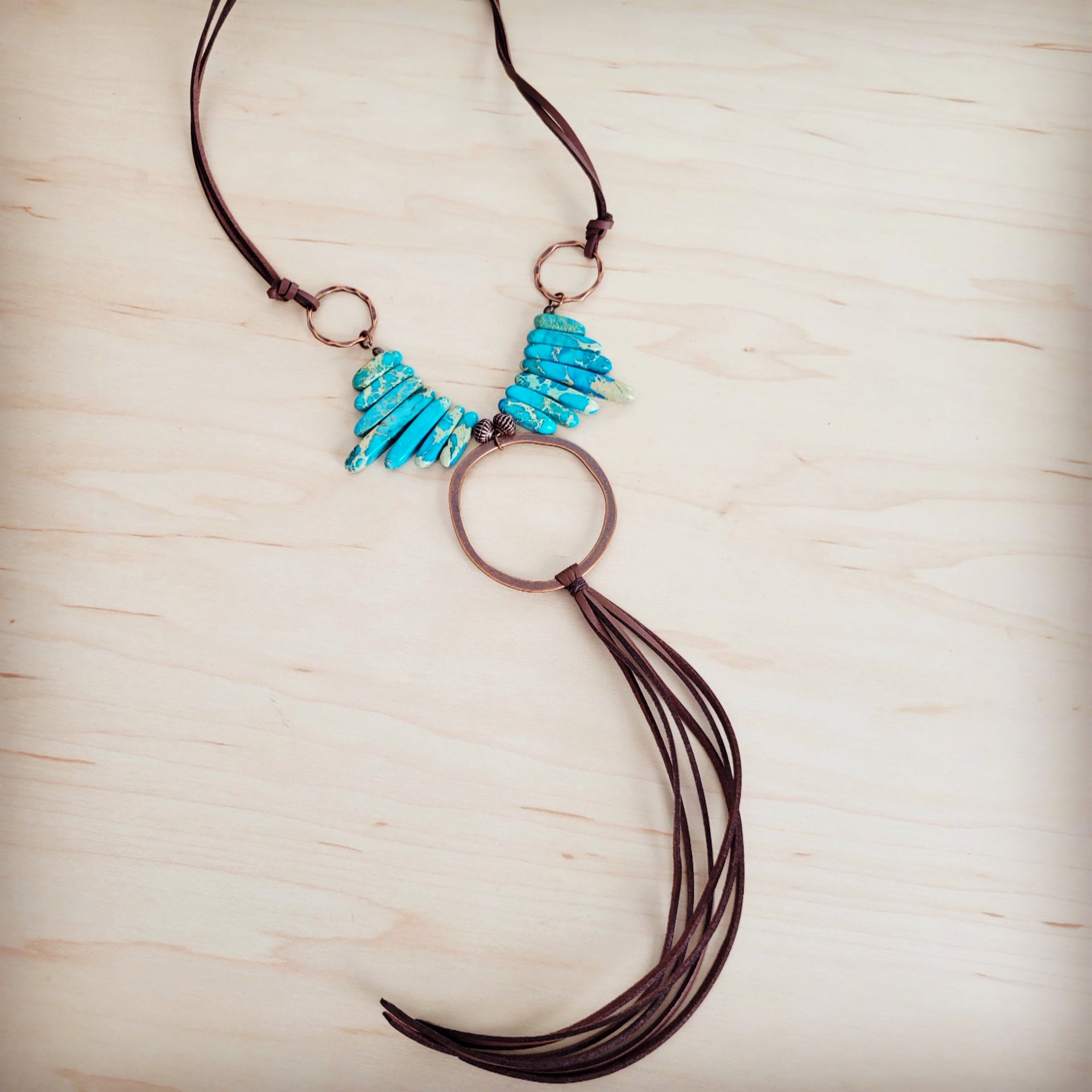 Imperial Jasper Slab Necklace w/ Copper Hoop & Tassel 252h