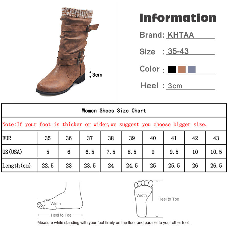 Women's Retro Chunky Heel Mid-Calf Boots with Buckles & Knit Cuff - Image 6
